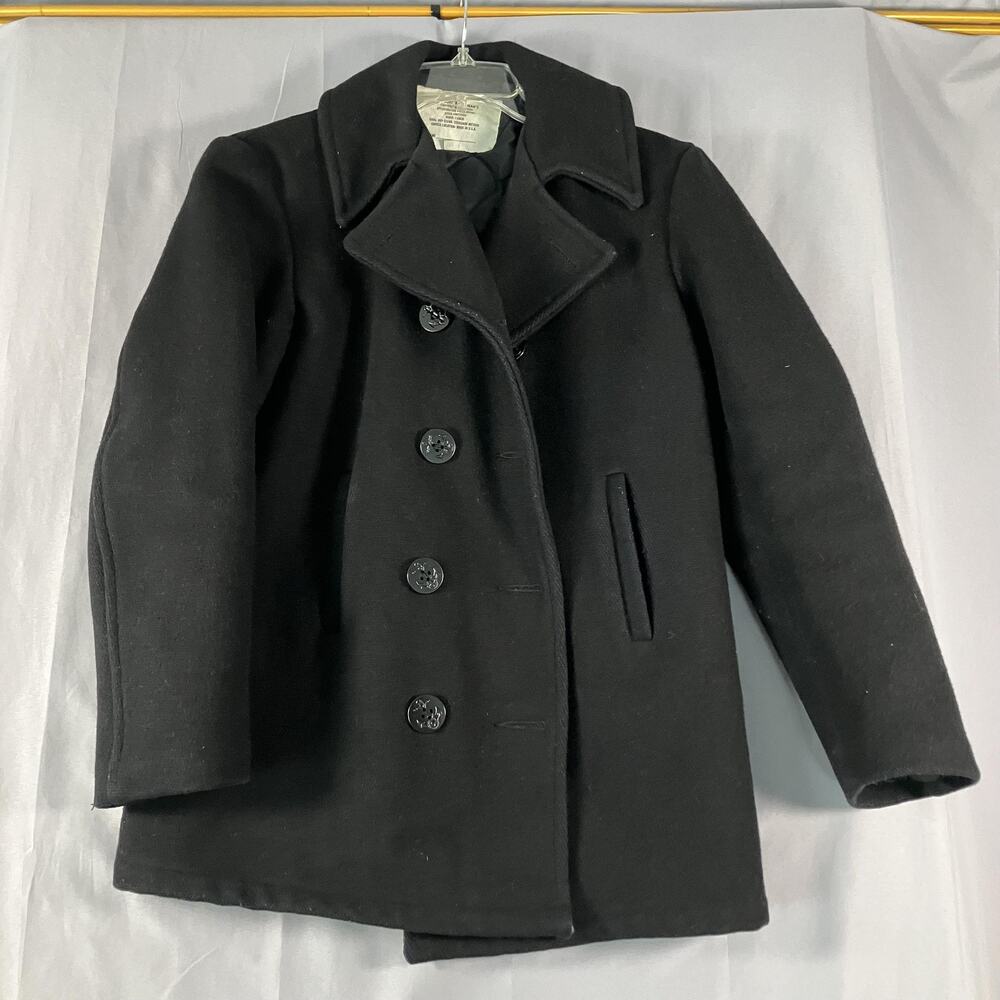 US‎ Navy Pea Coat Mens 36 Black Wool Double Breasted Anchor Buttons Made USA